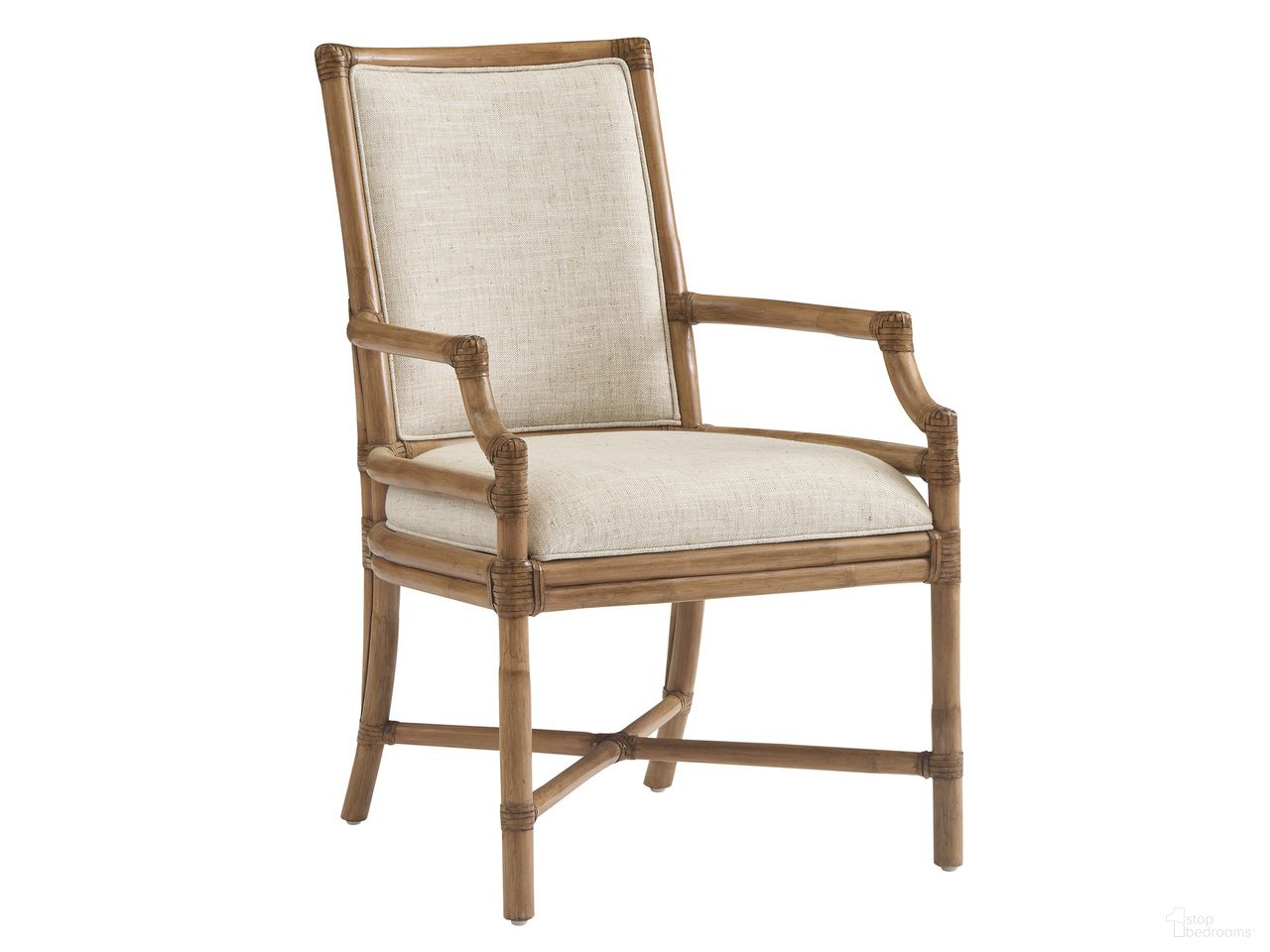 The appearance of Key Biscayne Oceanside Rattan Arm Chair In Sunwashed designed by Tommy Bahama in the coastal interior design. This sunwashed piece of furniture  was selected by 1StopBedrooms from Key Biscayne Collection to add a touch of cosiness and style into your home. Sku: 579-883-01. Material: Veneer. Chair Type: Arm Chair.