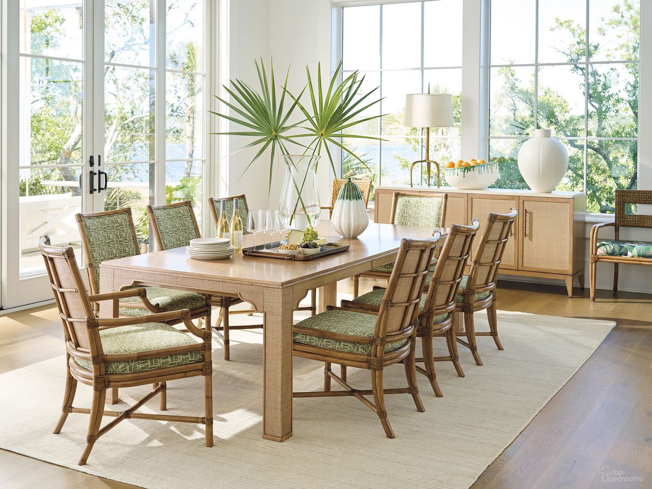 The appearance of Key Biscayne Sandy Lane Dining Set In Sunwashed designed by Tommy Bahama in the coastal interior design. This sunwashed piece of furniture was selected by 1StopBedrooms from Key Biscayne Collection to add a touch of cosiness and style into your home. Sku: 579-877;579-882-01. Table Base Style: Legs. Table Top Shape: Rectangular. Material: Veneer. Size: 44" x 76".