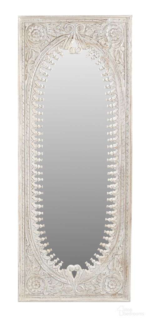 The appearance of Kiara Handcarved Solid Wood Mirror In Distressed White designed by Moti in the traditional interior design. This distressed white piece of furniture  was selected by 1StopBedrooms from Carter Collection to add a touch of cosiness and style into your home. Sku: 43007024. Material: Mango Wood.