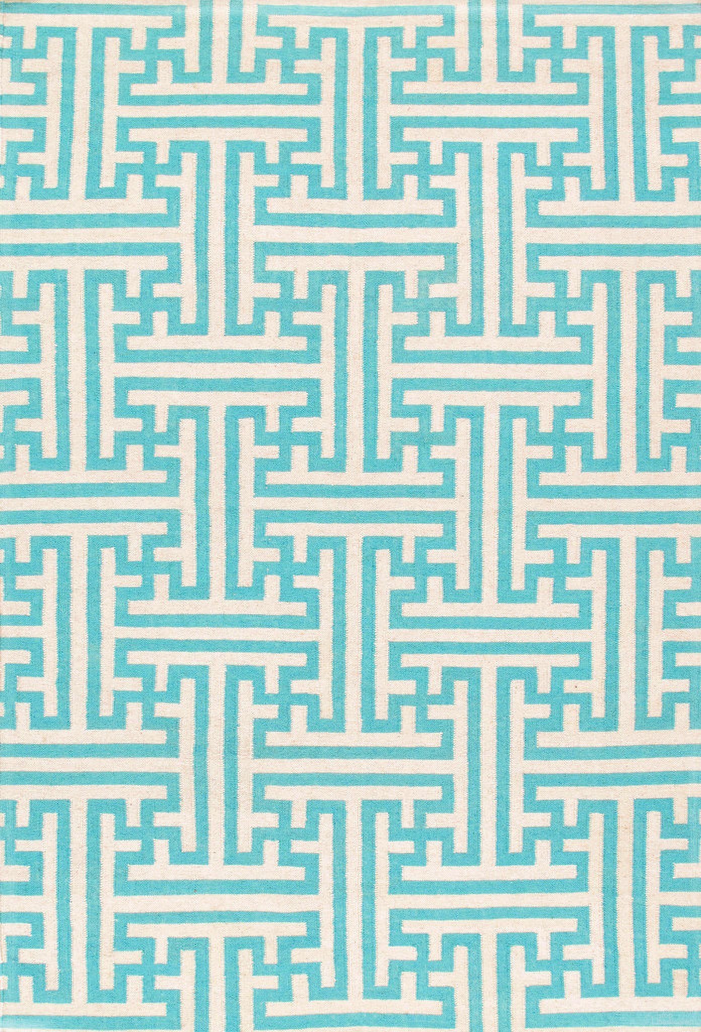 Kilim Collection Hand-Knotted Lamb's Wool Area Rug- 5' 9" x 8' 9" In Ivory and Turquoise