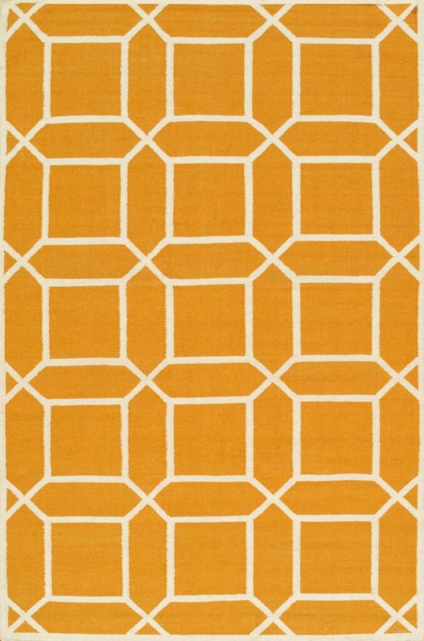 Kilim Collection Hand-Woven Lamb's Wool Area Rug- 5' x 8' In Ivory and Orange