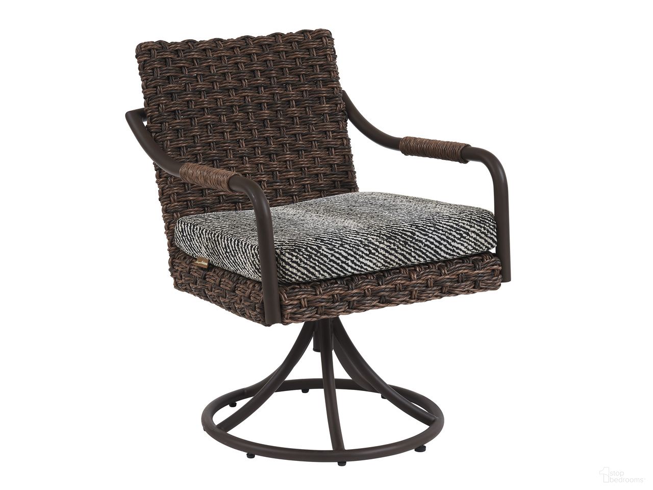 The appearance of Kilimanjaro Swivel Rocker Dining Chair In Brown/Black/Cream designed by Tommy Bahama in the modern / contemporary interior design. This brown/black/cream piece of furniture was selected by 1StopBedrooms from Kilimanjaro Collection to add a touch of cosiness and style into your home. Sku: 3350-13SR-40. Material: Woven.