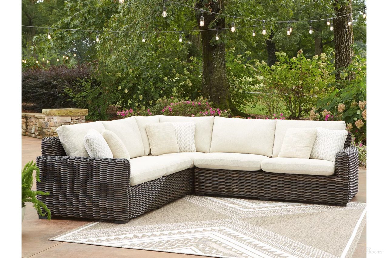 The appearance of Kimora 3-Piece Outdoor Sectional In Beige and Dark Brown designed by Signature Design by Ashley in the transitional interior design. This beige and dark brown piece of furniture was selected by 1StopBedrooms from Kimora Collection to add a touch of cosiness and style into your home. Sku: P711-854;P711-877. Material: Fabric.