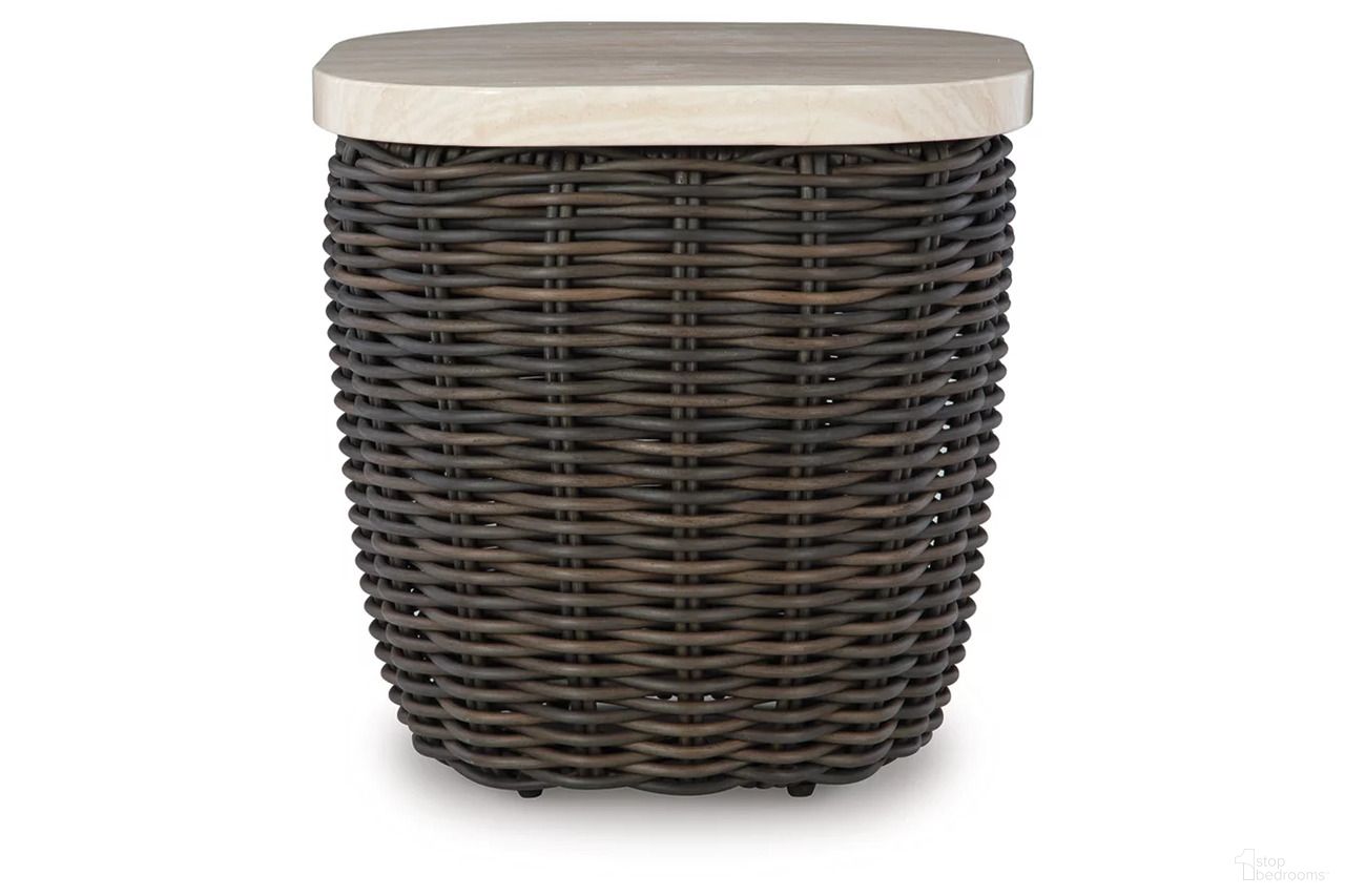 The appearance of Kimora Outdoor End Table In Beige and Dark Brown designed by Signature Design by Ashley in the transitional interior design. This beige and dark brown piece of furniture was selected by 1StopBedrooms from Kimora Collection to add a touch of cosiness and style into your home. Sku: P711-702. Table Top Shape: Square. Material: Marble.