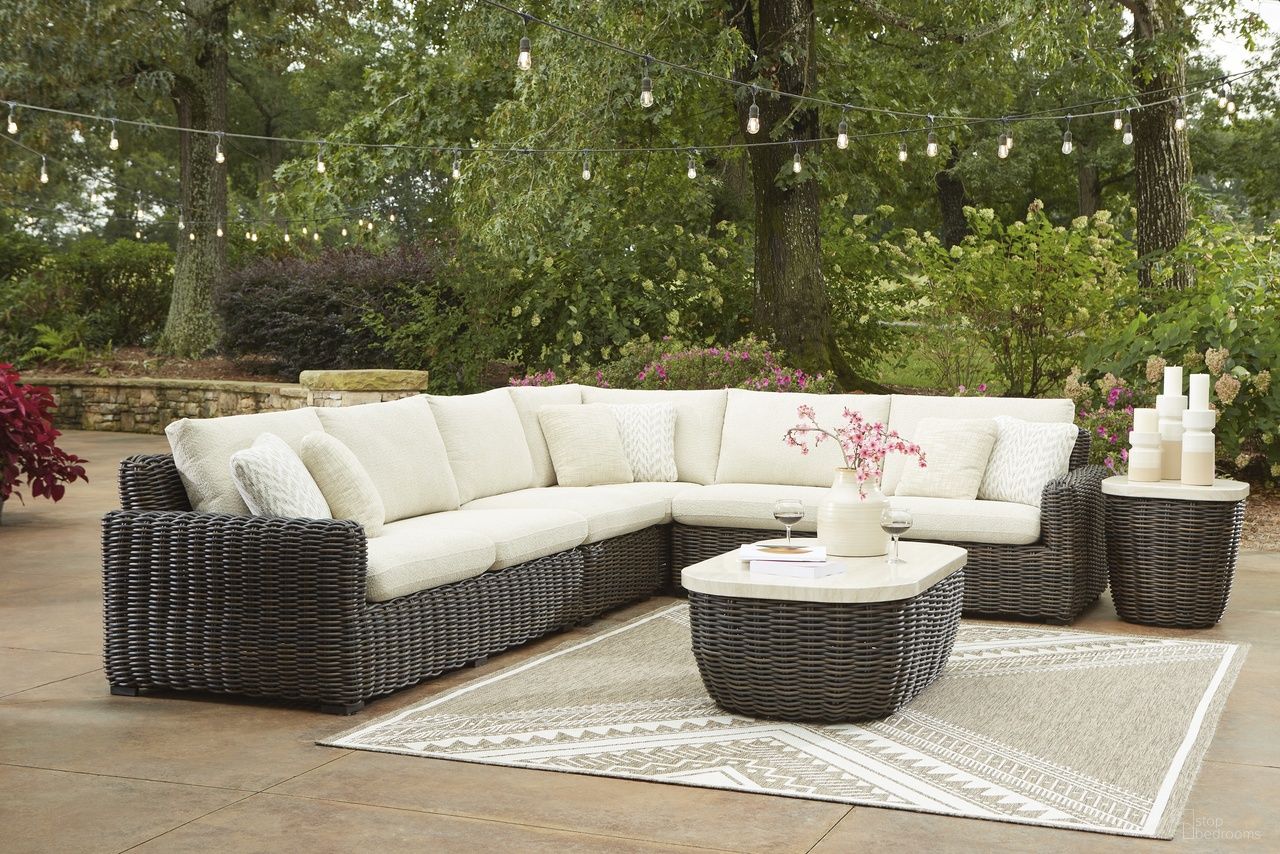 The appearance of Kimora Outdoor Occasional Table Set In Beige and Dark Brown designed by Signature Design by Ashley in the transitional interior design. This beige and dark brown piece of furniture was selected by 1StopBedrooms from Kimora Collection to add a touch of cosiness and style into your home. Sku: P711-701;P711-702. Material: Marble.