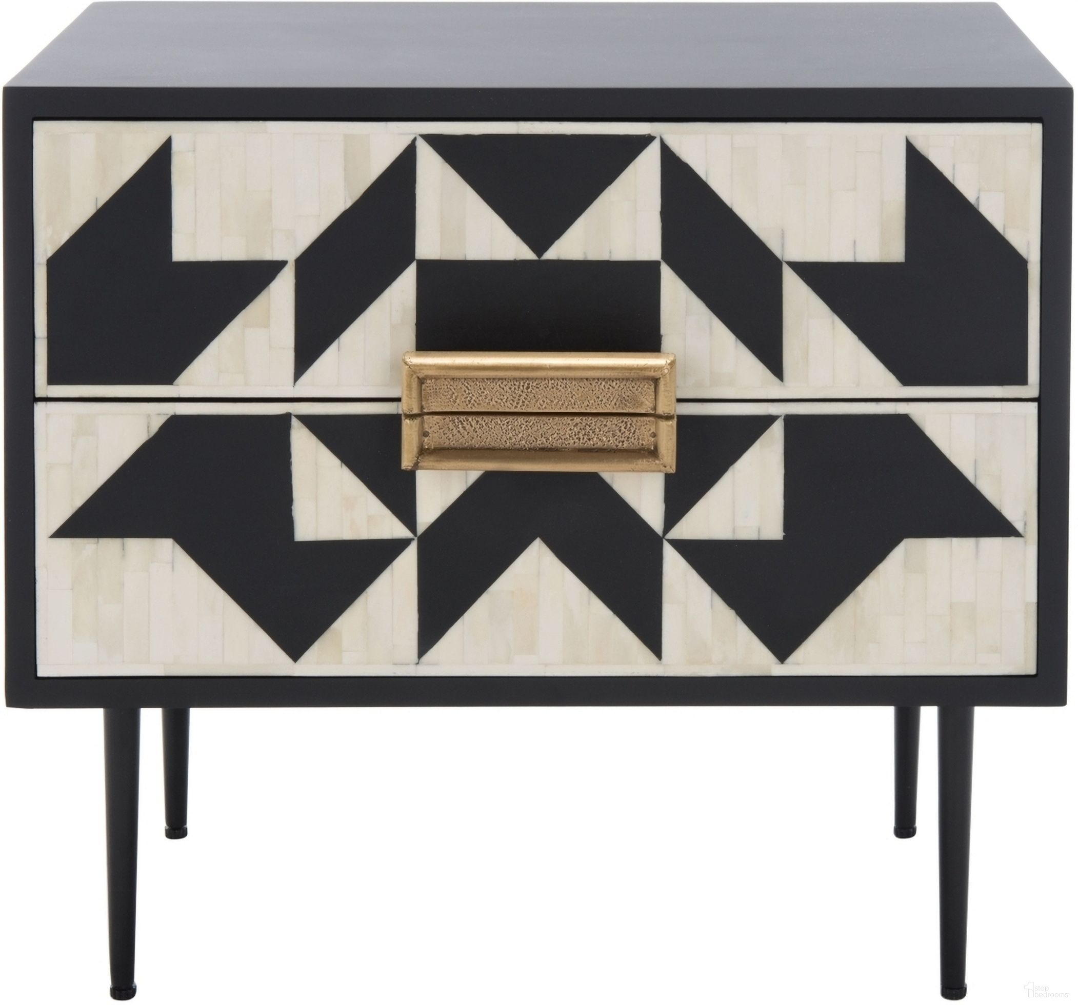 The appearance of Kimori 2 Drawer Nightstand In Black and White designed by Safavieh Couture in the modern / contemporary interior design. This black/white piece of furniture was selected by 1StopBedrooms from Kimori Collection to add a touch of cosiness and style into your home. Sku: SFV6612A. Material: MDF.