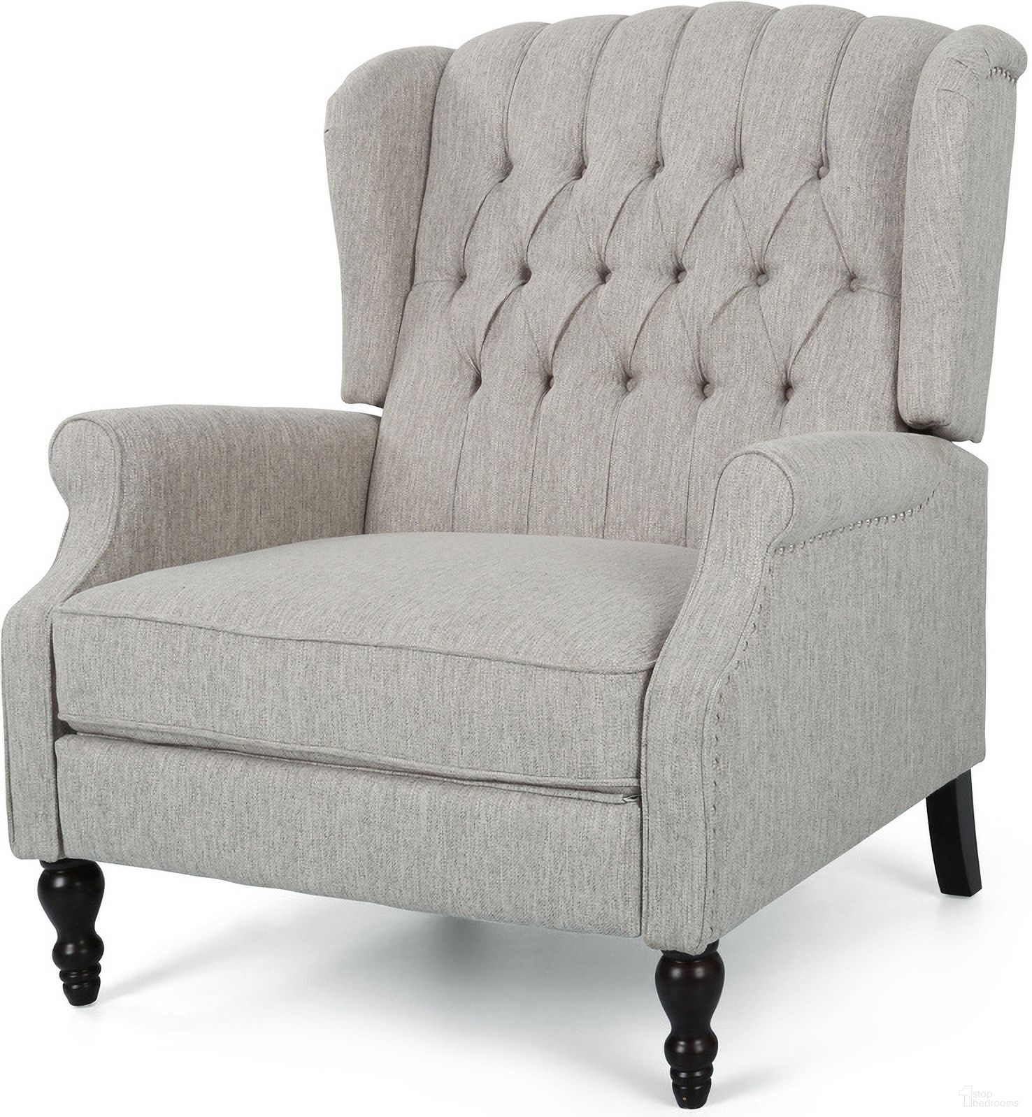 The appearance of Kind Upholstered Recliner Chair with Nailhead Trim and Button Tufted Diamond Stitch In Light Grey designed by Noble House in the modern / contemporary interior design. This light grey piece of furniture was selected by 1StopBedrooms from Kind Collection to add a touch of cosiness and style into your home. Sku: 64257.00LGRY. Material: Fabric.
