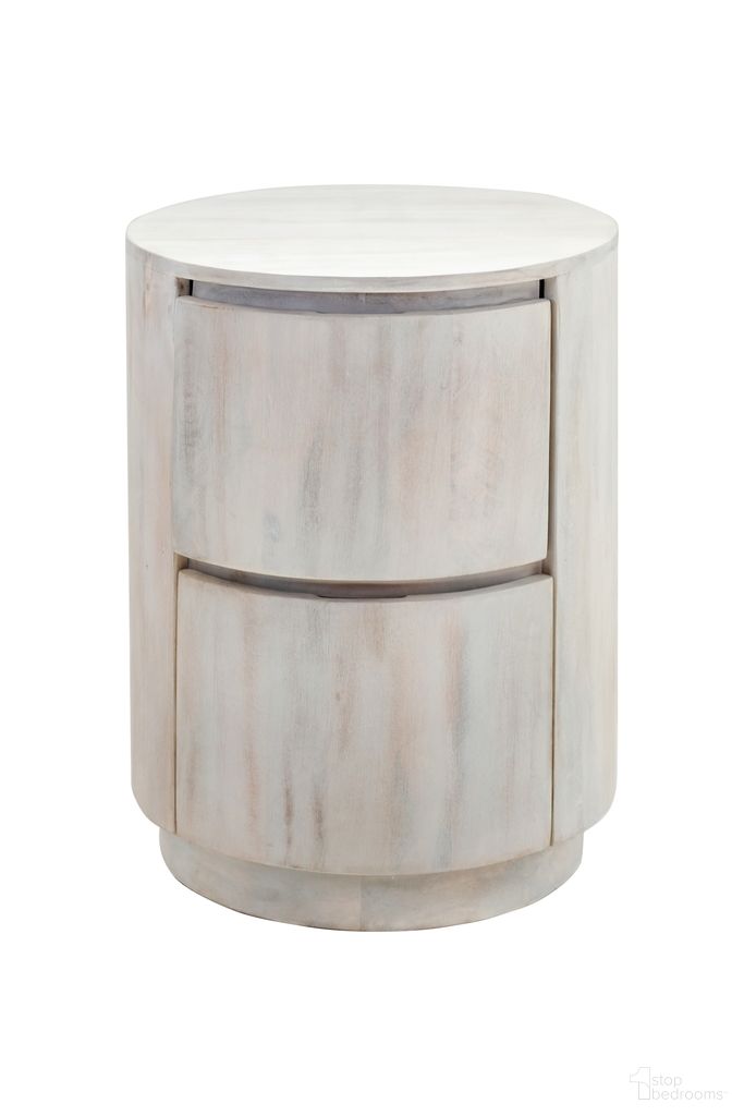The appearance of Kingston 2-Drawer 18 Inch Round Nightstand In Whitewash designed by Carolina Living in the modern / contemporary interior design. This white wash piece of furniture  was selected by 1StopBedrooms from Kingston Collection to add a touch of cosiness and style into your home. Sku: AT-1824-DR-WWWD. Material: Mango Wood.