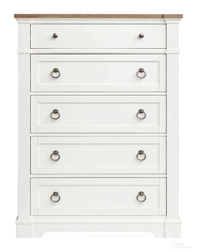 The appearance of Kingston Drawer Chest In Whisper White And Cerused Nutmeg designed by Magnussen in the transitional interior design. This whisper white and cerused nutmeg piece of furniture  was selected by 1StopBedrooms from Kingston Collection to add a touch of cosiness and style into your home. Sku: B6407-10. Material: Oak Veneer.