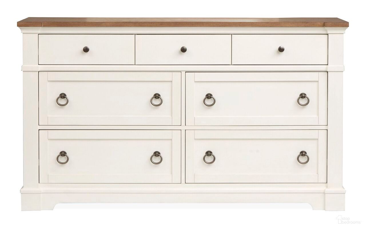 The appearance of Kingston Drawer Dresser In Whisper White And Cerused Nutmeg designed by Magnussen in the transitional interior design. This whisper white and cerused nutmeg piece of furniture was selected by 1StopBedrooms from Kingston Collection to add a touch of cosiness and style into your home. Sku: B6407-20. Material: Oak Veneer.