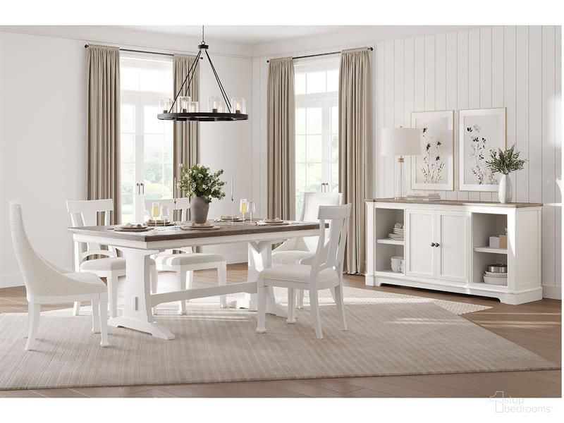 The appearance of Kingston Extendable Trestle Dining Room Set In Whisper White And Cerused Nutmeg designed by Magnussen in the transitional interior design. This whisper white and cerused nutmeg piece of furniture  was selected by 1StopBedrooms from Kingston Collection to add a touch of cosiness and style into your home. Sku: D6407-21;D6407-62. Table Top Shape: Rectangular. Size: 72" x 42". Material: Hardwood.