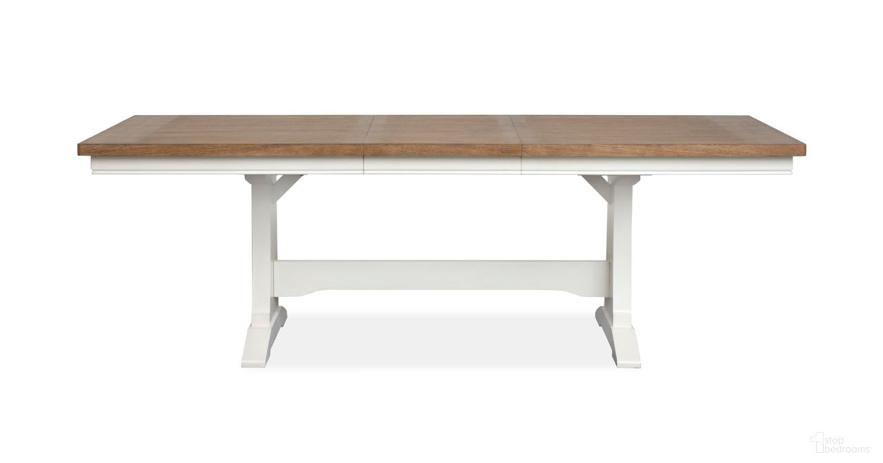 The appearance of Kingston Extendable Trestle Dining Table In Whisper White And Cerused Nutmeg designed by Magnussen in the transitional interior design. This whisper white and cerused nutmeg piece of furniture was selected by 1StopBedrooms from Kingston Collection to add a touch of cosiness and style into your home. Sku: D6407-21. Table Base Style: Trestle. Table Top Shape: Rectangular. Size: 72" x 42". Material: Oak Veneer.
