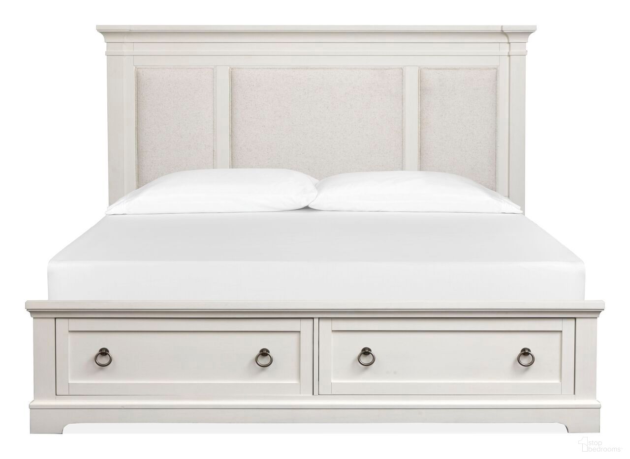 The appearance of Kingston Queen Upholstered Panel Storage Bed In Whisper White And Cerused Nutmeg designed by Magnussen in the transitional interior design. This whisper white and cerused nutmeg piece of furniture  was selected by 1StopBedrooms from Kingston Collection to add a touch of cosiness and style into your home. Sku: B6407-55H;B6407-55SF;B6407-54R. Bed Size: Queen. Material: Oak Veneer. Bed Type: Upholstered Bed.