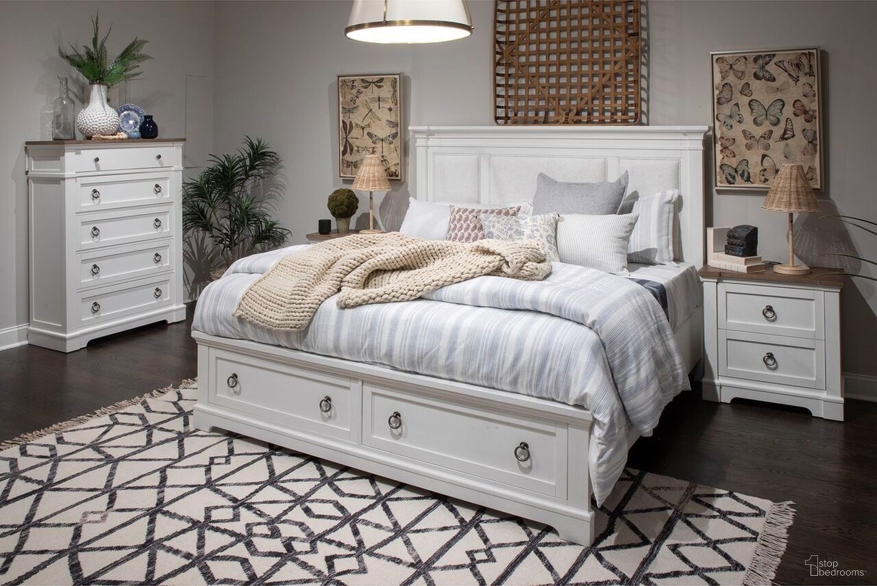 The appearance of Kingston Upholstered Storage Bedroom Set In Whisper White And Cerused Nutmeg designed by Magnussen in the transitional interior design. This whisper white and cerused nutmeg piece of furniture was selected by 1StopBedrooms from Kingston Collection to add a touch of cosiness and style into your home. Sku: B6407-55H;B6407-55SF;B6407-54R;B6407-01. Bed Size: California King. Material: Hardwood.