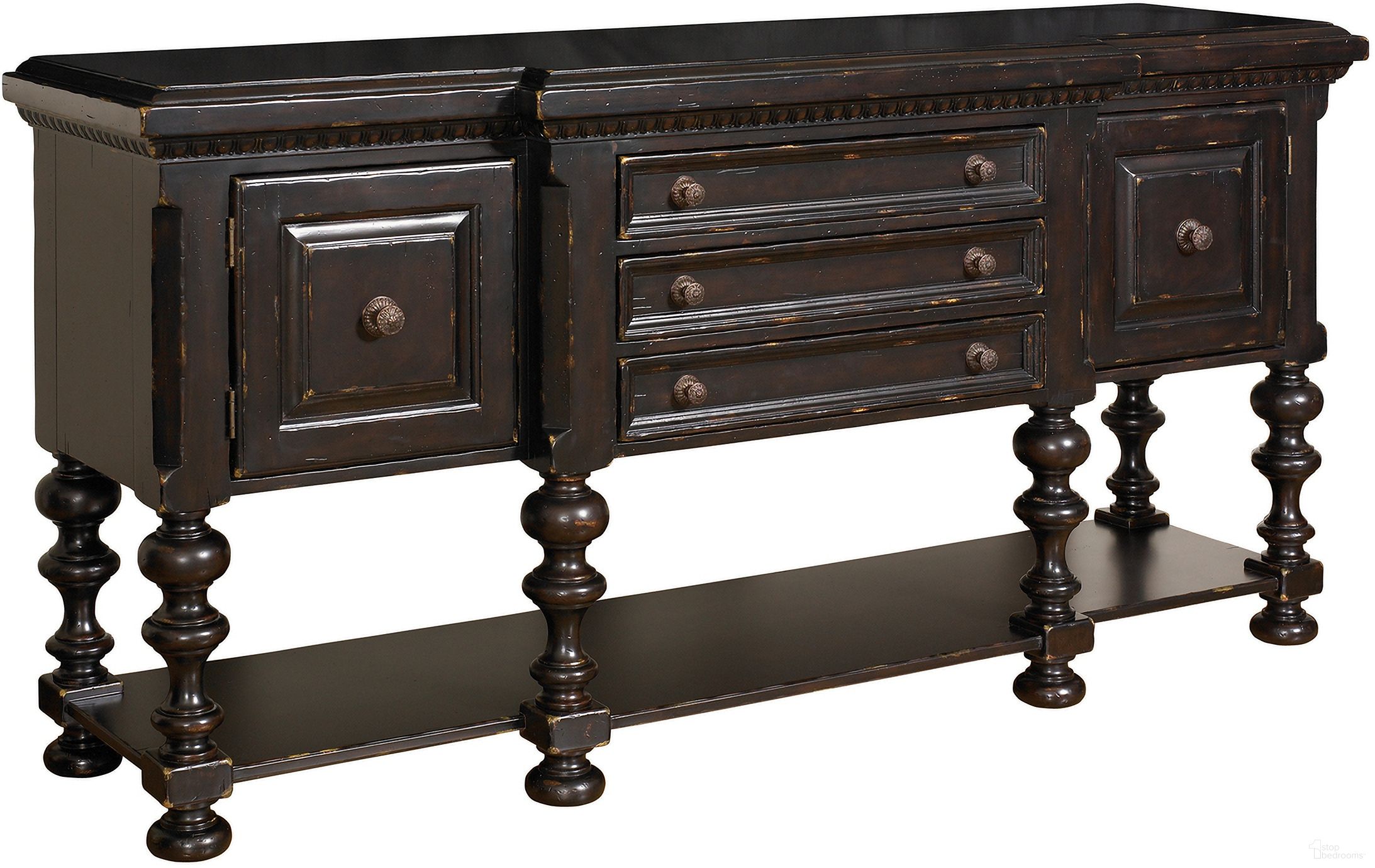 The appearance of Kingstown Regiment Huntboard In Tamarind designed by Tommy Bahama in the traditional interior design. This tamarind piece of furniture  was selected by 1StopBedrooms from Kingstown Collection to add a touch of cosiness and style into your home. Sku: 619-869. Material: Leather.