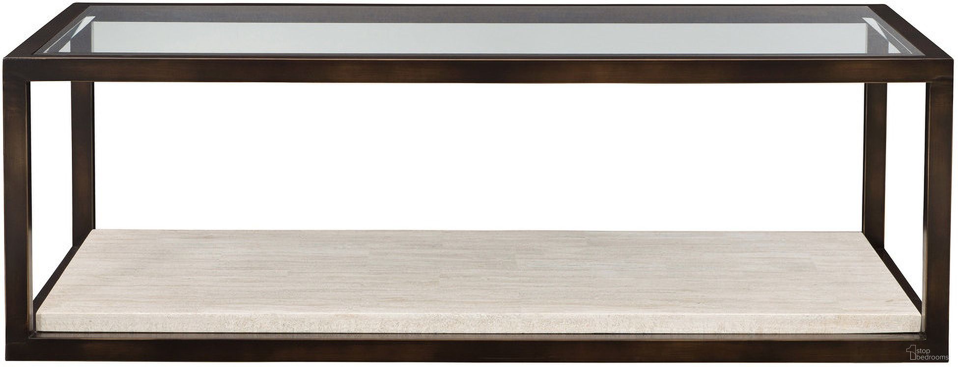 The appearance of Kinsley Rectangular Cocktail Table designed by Bernhardt in the transitional interior design. This bronze piece of furniture  was selected by 1StopBedrooms from Kinsley Collection to add a touch of cosiness and style into your home. Sku: 533021. Material: Steel.