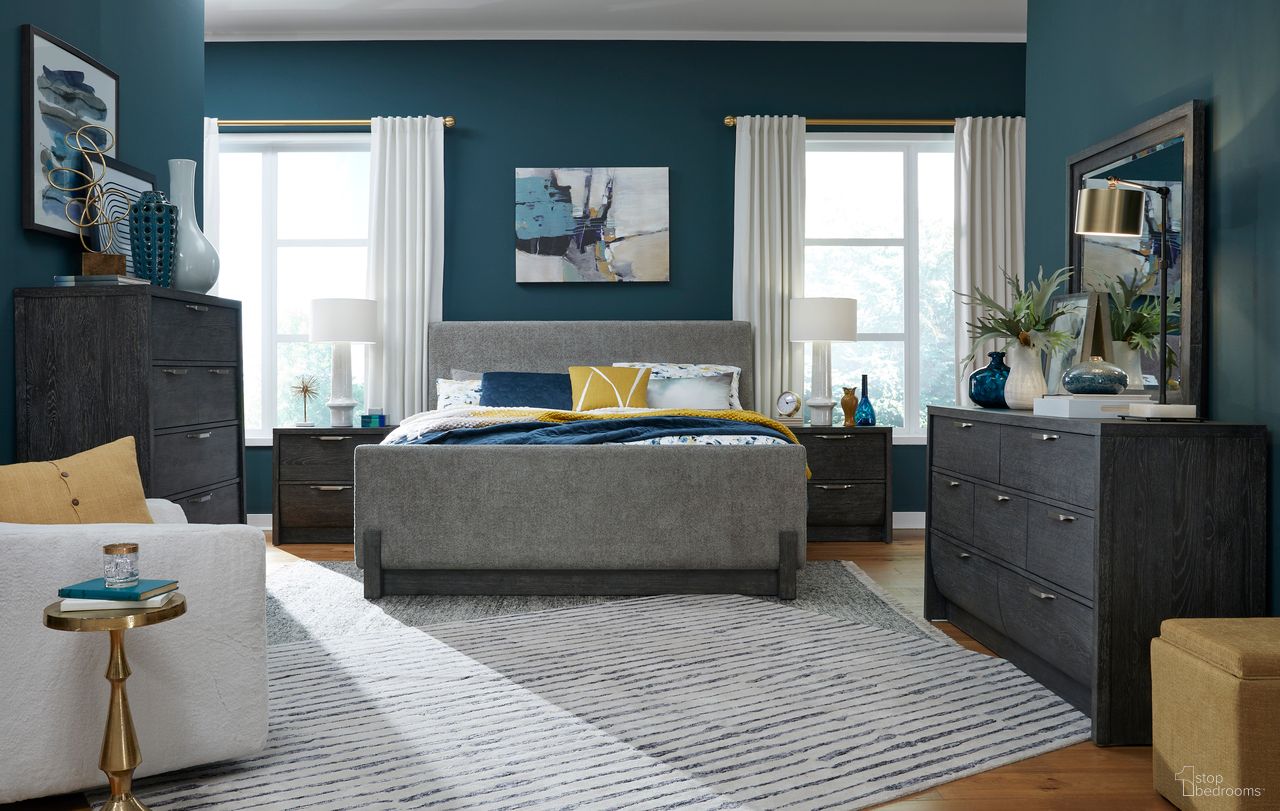 The appearance of Kinsley Upholstered Panel Bedroom Set In Black Heron designed by Magnussen in the transitional interior design. This black heron piece of furniture was selected by 1StopBedrooms from Kinsley Collection to add a touch of cosiness and style into your home. Sku: B5890-55H;B5890-55F;B5890-55R;B5890-01. Bed Size: King. Material: Hardwood.