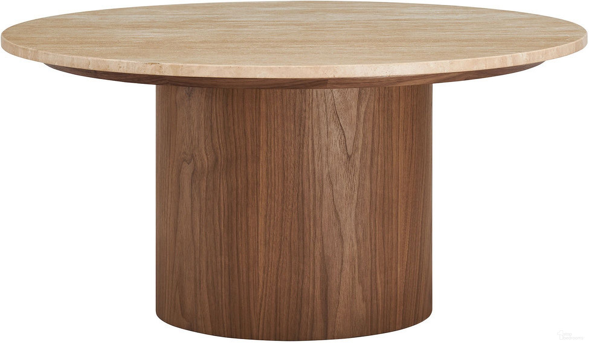 Kioni Round Travertine Coffee Table In Walnut
