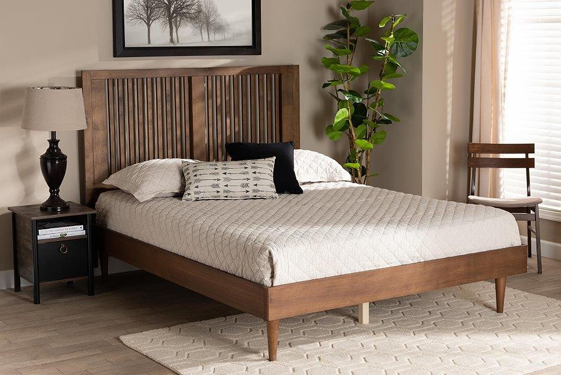 The appearance of Kioshi Mid-Century Modern Transitional Ash Walnut Finished Wood King Size Platform Bed designed by Baxton Studio in the transitional interior design. This ash walnut piece of furniture was selected by 1StopBedrooms from Kioshi Collection to add a touch of cosiness and style into your home. Sku: Kioshi-Ash Walnut-King. Bed Type: Platform Bed. Bed Size: King. Material: Rubberwood.