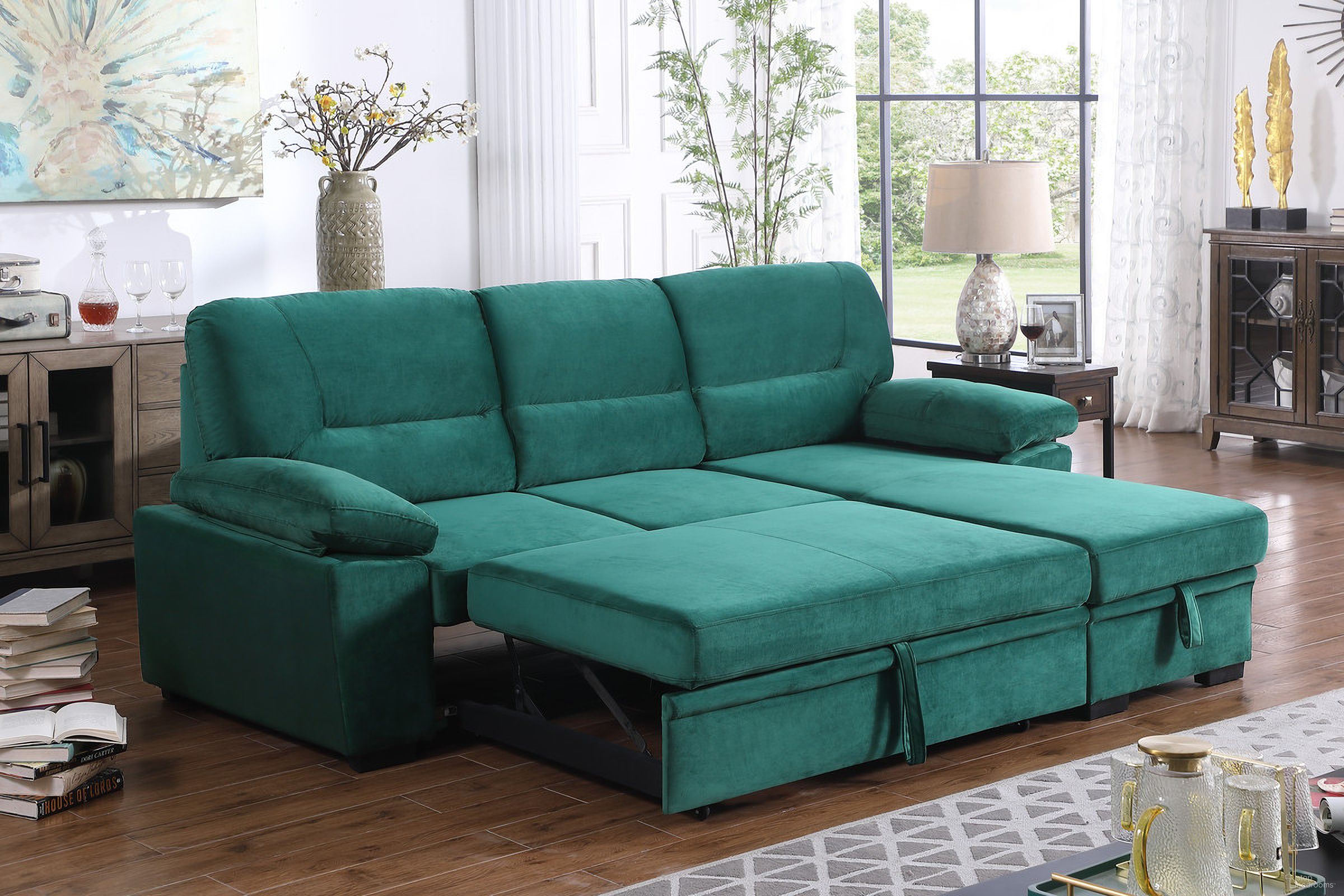 The appearance of Kipling Green Velvet Fabric Reversible Sleeper Sectional Sofa Chaise designed by Lilola Home in the modern / contemporary interior design. This green piece of furniture  was selected by 1StopBedrooms from Kipling Collection to add a touch of cosiness and style into your home. Sku: 87802GN-A;87802GN-C;87802GN-L. Material: Velvet. Layout: Sofa & Chaise.
