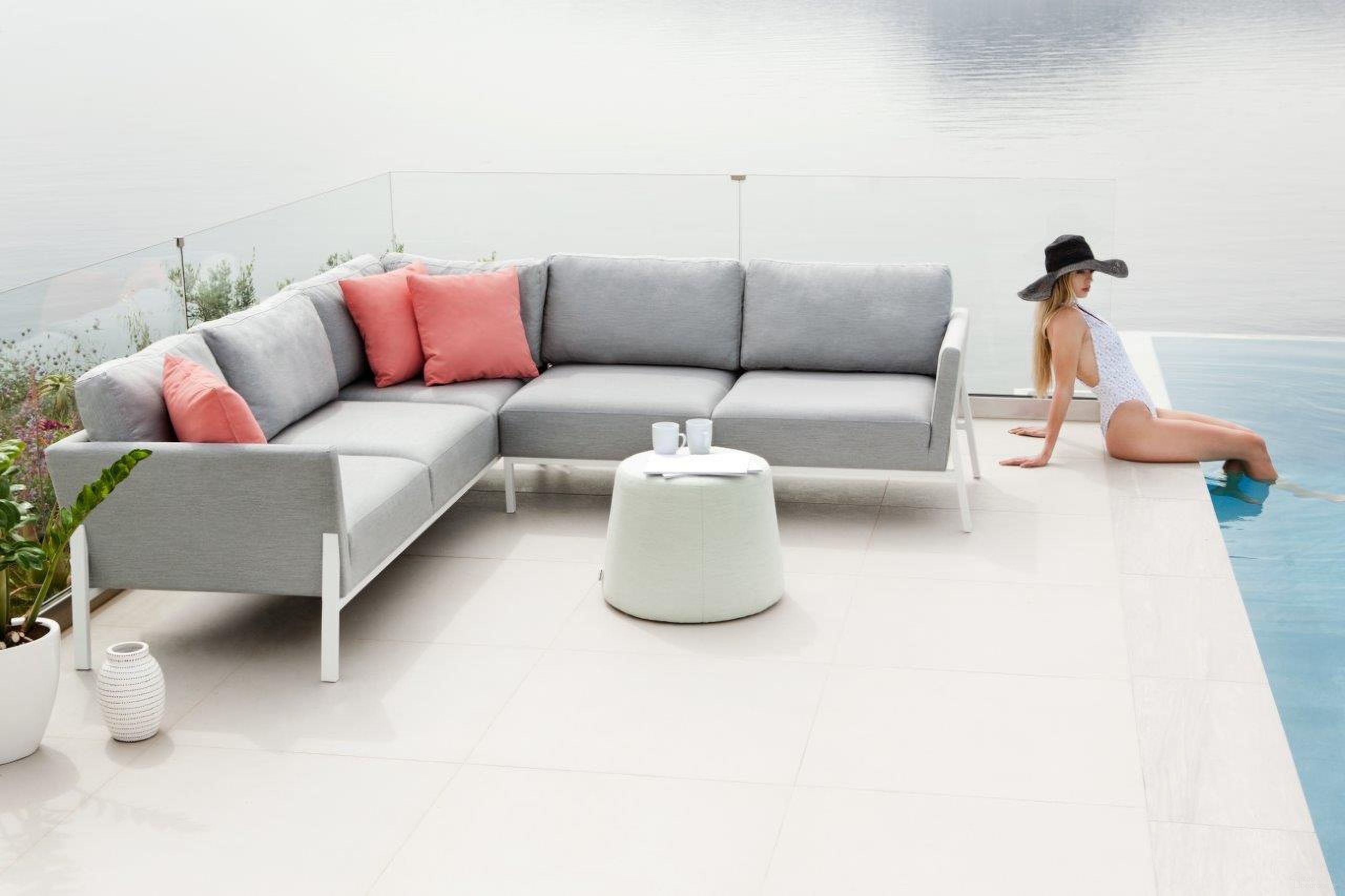 The appearance of Kitsilano Sunbrella Silver Grey Fabric And White Frame Sectional designed by Mobital in the modern / contemporary interior design. This silver grey piece of furniture was selected by 1StopBedrooms from Kitsilano Collection to add a touch of cosiness and style into your home. Sku: SEC-KITS-SIGR-. Material: Aluminum. Layout: L-Shape.