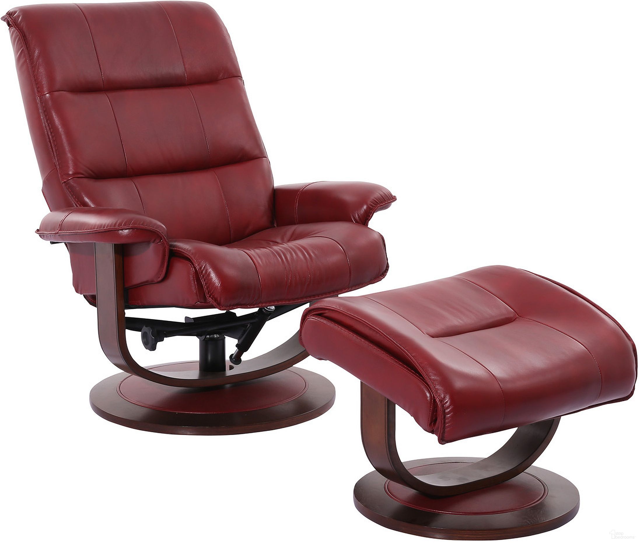 The appearance of Knight Manual Reclining Swivel Chair and Ottoman In Rouge designed by Parker House in the modern / contemporary interior design. This rouge piece of furniture was selected by 1StopBedrooms from Knight Collection to add a touch of cosiness and style into your home. Sku: MKNI#212S-ROU. Material: Leather.