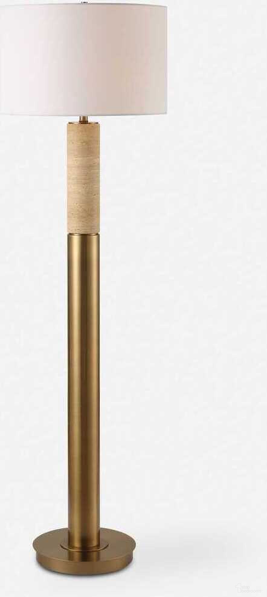 The appearance of Knox Travertine Floor Lamp In Brass designed by Uttermost in the coastal interior design. This brass piece of furniture was selected by 1StopBedrooms from Knox Collection to add a touch of cosiness and style into your home. Sku: 30294. Material: Metal.