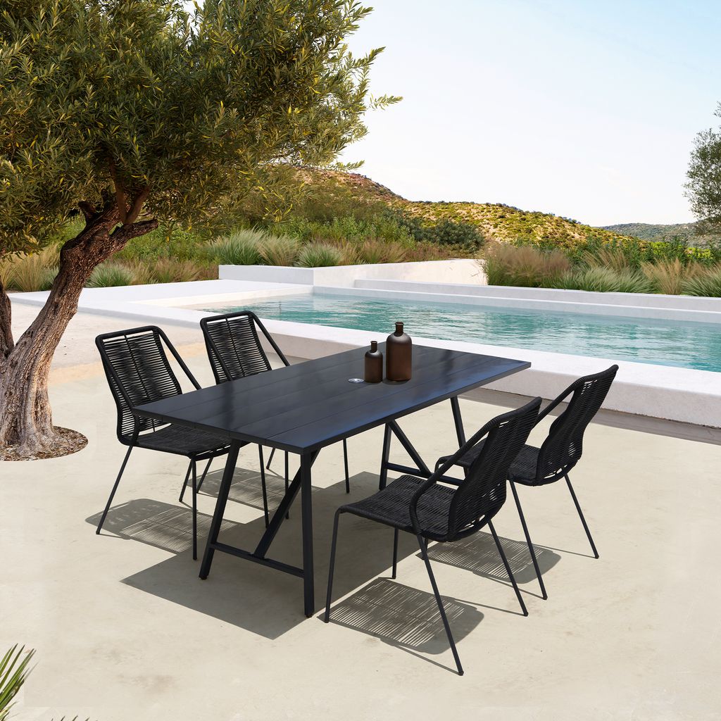 Koala and Clip 5-Piece Dining Set In Dark Eucalyptus Wood and Metal with Black Rope