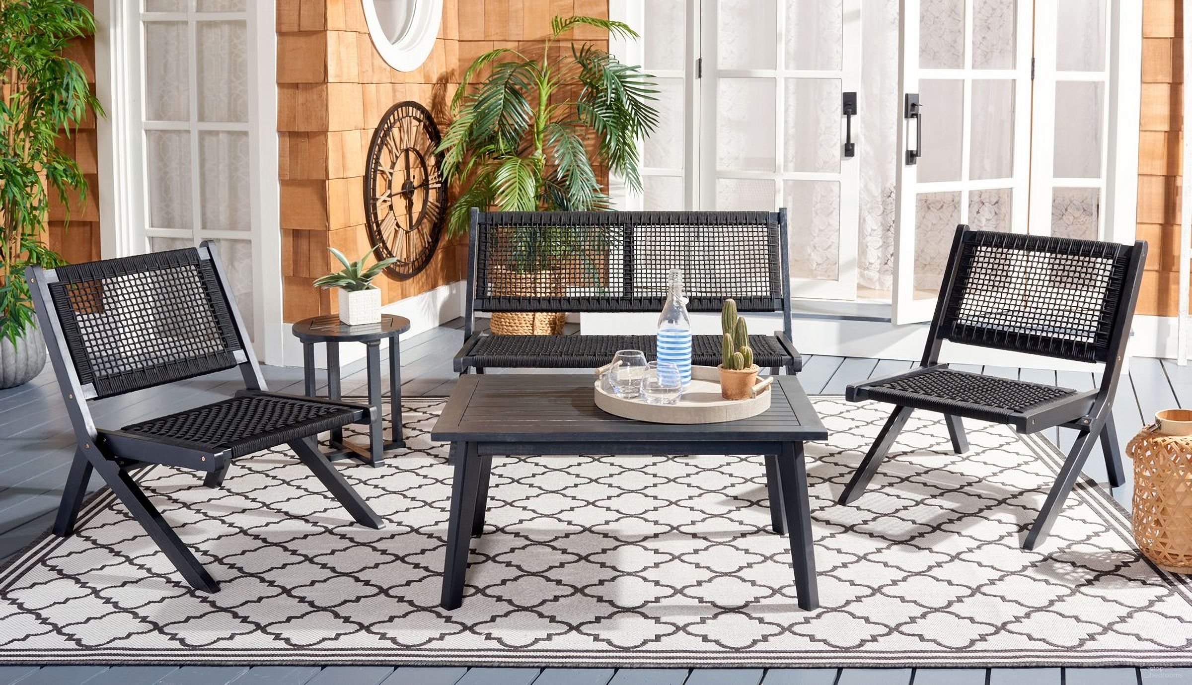 The appearance of Kobina 5 Piece Outdoor Living Set in Black designed by Safavieh in the modern / contemporary interior design. This black piece of furniture was selected by 1StopBedrooms from Kobina Collection to add a touch of cosiness and style into your home. Sku: PAT7314C-2BX. Material: Wood.