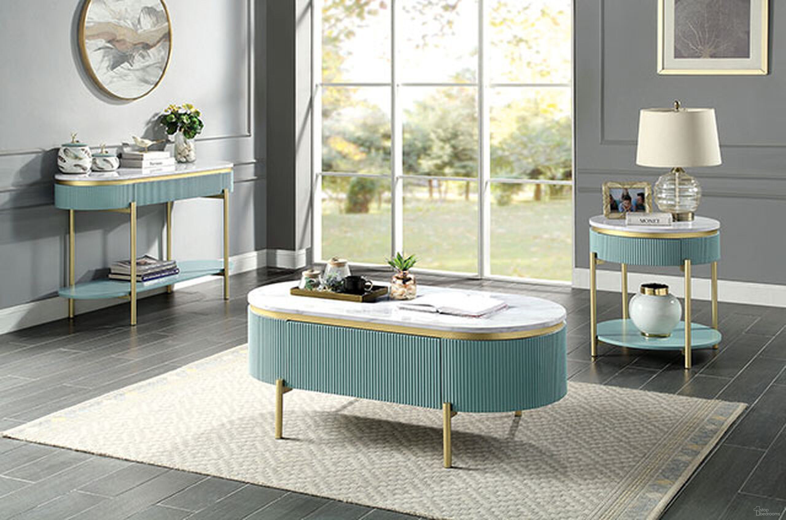 The appearance of Koblenz Occasional Table Set In Light Teal designed by Furniture of America in the glam interior design. This light teal piece of furniture  was selected by 1StopBedrooms from Koblenz Collection to add a touch of cosiness and style into your home. Sku: CM4412GR-C;CM4412GR-E. Material: Metal.