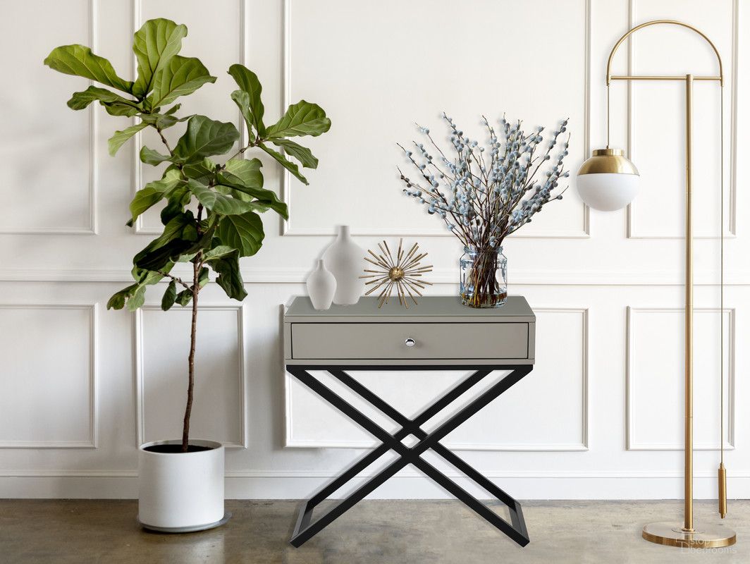 Koda Taupe Wooden End Side Table Nightstand With Glass Top and Drawer And Metal Cross Base