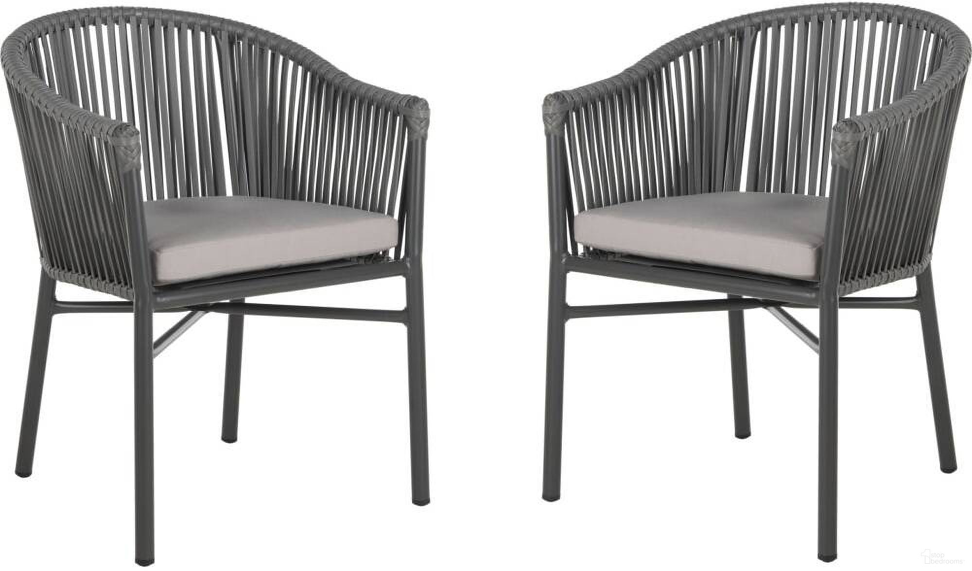 The appearance of Kofi Gray With Gray Cushion Stackable Rope Chair Set of 2 designed by Safavieh in the modern / contemporary interior design. This grey piece of furniture  was selected by 1StopBedrooms from Safavieh PAT Collection to add a touch of cosiness and style into your home. Sku: PAT4025A-SET2. Material: Aluminium.