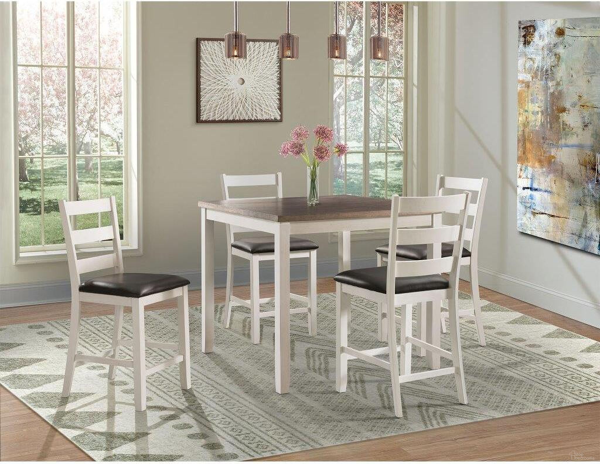 The appearance of Kona Brown And White 5 Piece Counter Height Dining Room Set designed by Picket House in the transitional interior design. This white and brown piece of furniture was selected by 1StopBedrooms from Kona Collection to add a touch of cosiness and style into your home. Sku: DMT7005CS. Material: Wood.