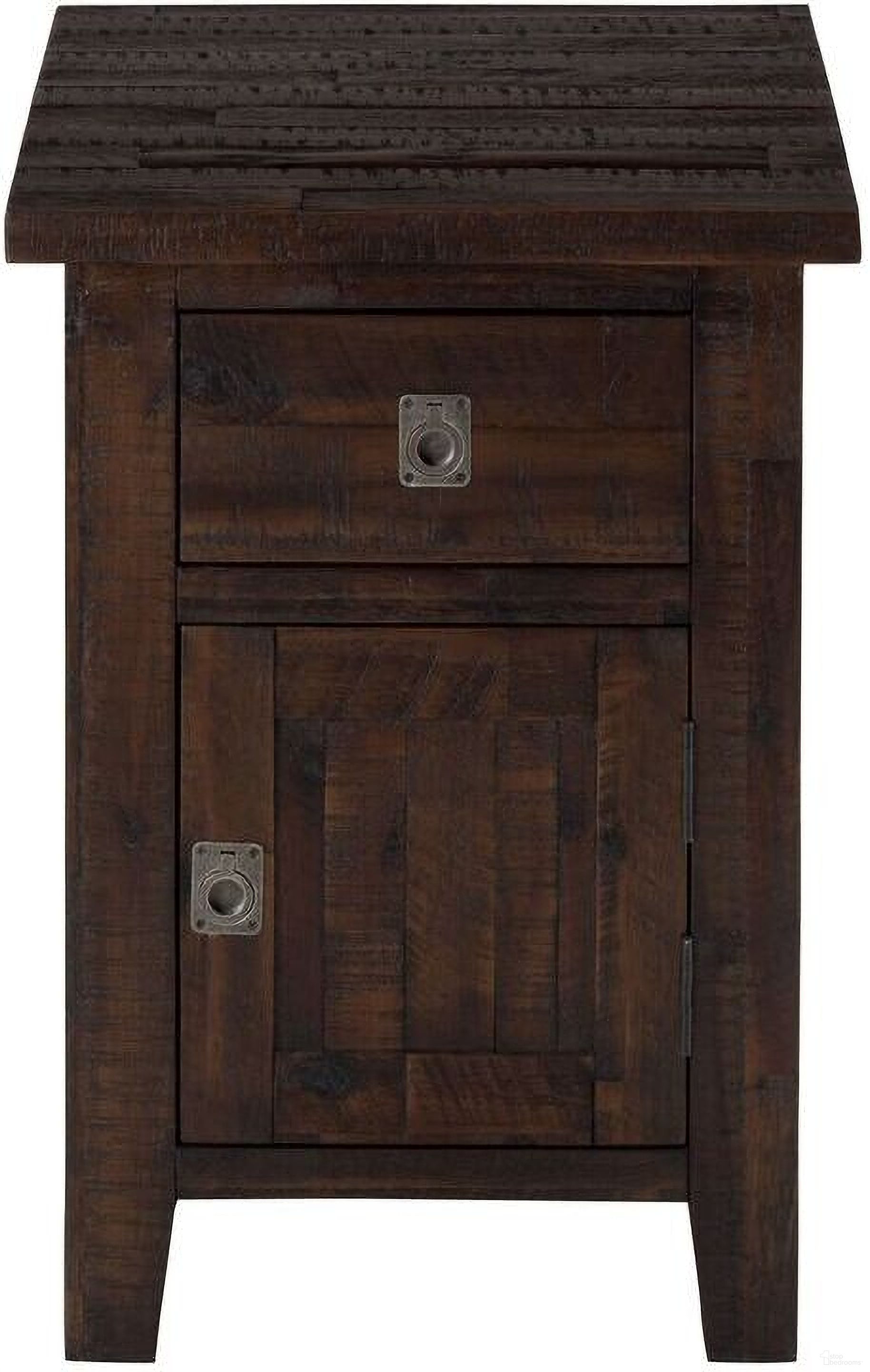 The appearance of Kona Grove Cabinet Chairside End Table with Storage In Dark Brown designed by Jofran in the transitional interior design. This dark brown piece of furniture was selected by 1StopBedrooms from Kona Grove Collection to add a touch of cosiness and style into your home. Sku: 704-6. Material: Acacia.