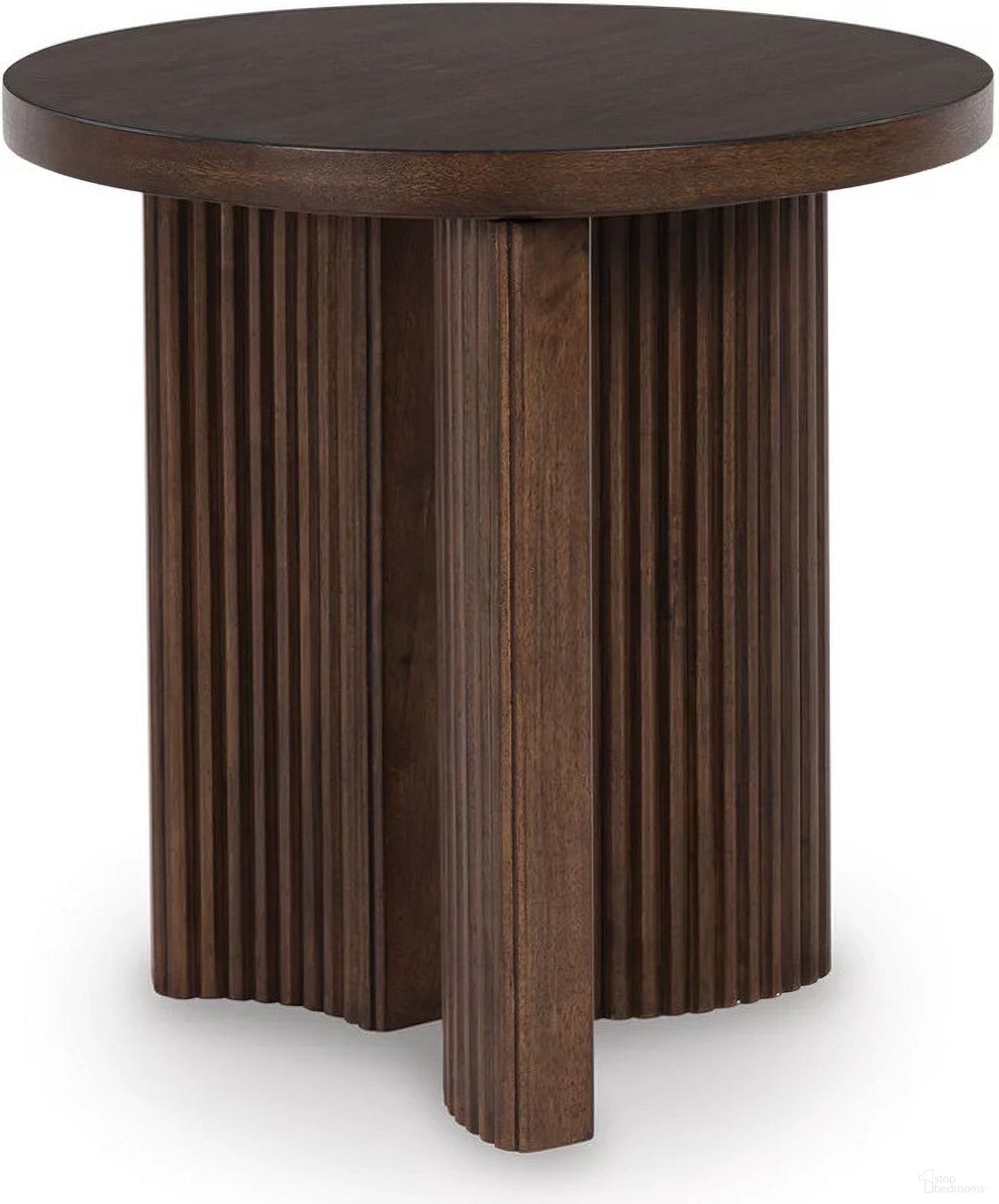 The appearance of Korestone Rund End Table In Dark Brown designed by Signature Design by Ashley in the modern / contemporary interior design. This dark brown piece of furniture was selected by 1StopBedrooms from Korestone Collection to add a touch of cosiness and style into your home. Sku: T689-6. Material: Wood.