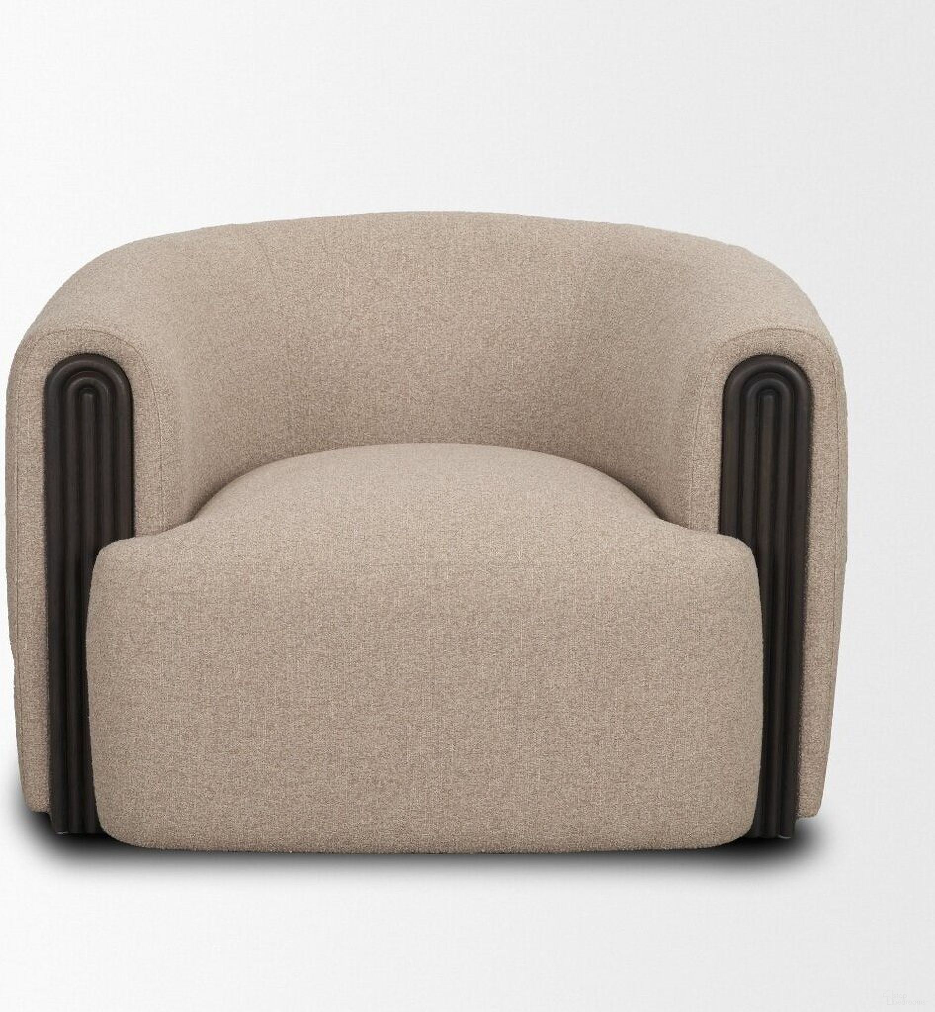 The appearance of Kornelia Barrel Accent Chair with Textured Fabric In Mushroom designed by Mercana in the modern / contemporary interior design. This mushroom piece of furniture  was selected by 1StopBedrooms from Kornelia Collection to add a touch of cosiness and style into your home. Sku: 71200. Material: Rubberwood.