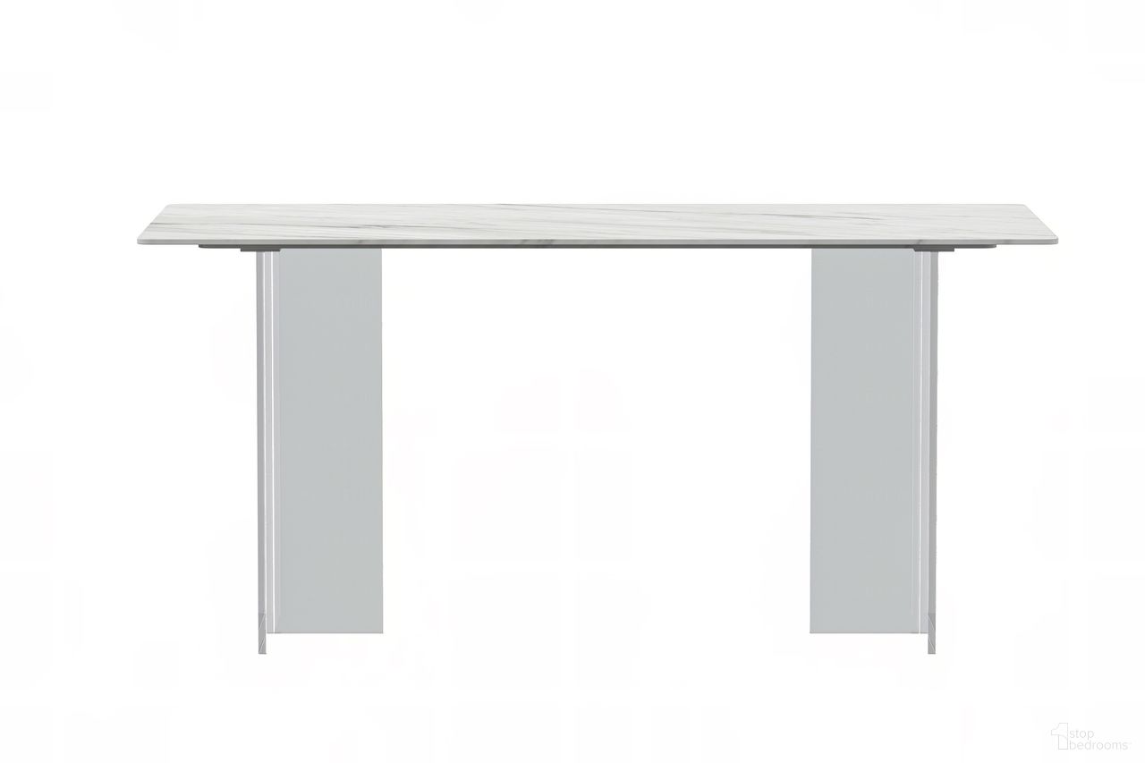 The appearance of Kova 62 Inch Dining Table with Sintered Stone Top In White and Clear designed by LeisureMod in the modern / contemporary interior design. This white/clear piece of furniture  was selected by 1StopBedrooms from Kova Collection to add a touch of cosiness and style into your home. Sku: KTCL-62W-S. Table Base Style: Double Pedestal. Material: Stone. Table Top Shape: Rectangular. Size: 32" x 62".
