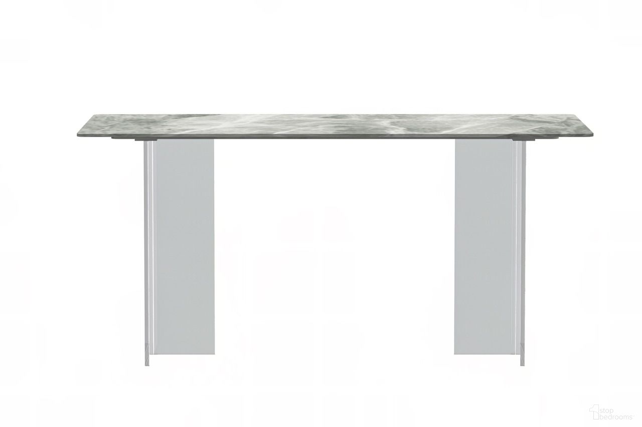 The appearance of Kova 71 Inch Dining Table with Sintered Stone Top In Clear and Light Grey designed by LeisureMod in the modern / contemporary interior design. This clear/light grey piece of furniture  was selected by 1StopBedrooms from Kova Collection to add a touch of cosiness and style into your home. Sku: KTCL-71IGR-S. Table Base Style: Double Pedestal. Material: Stone. Table Top Shape: Rectangular. Size: 35" x 71".