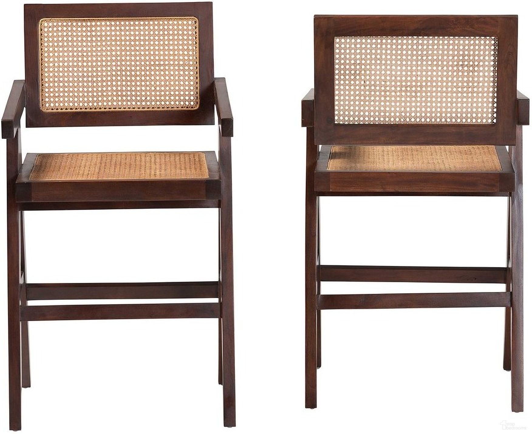 Kresna Natural Rattan Counter Stool Set of 2 In Dark Walnut Brown and Natural Brown
