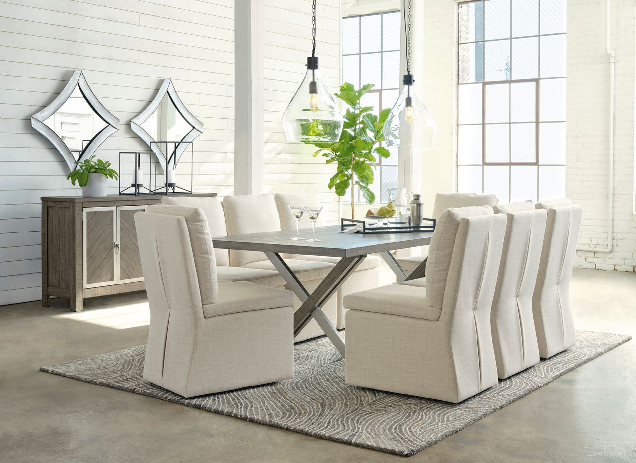 The appearance of Krystanza Dining Room Set In Weathered Gray designed by Signature Design by Ashley in the transitional interior design. This weathered gray piece of furniture was selected by 1StopBedrooms from Krystanza Collection to add a touch of cosiness and style into your home. Sku: D766-25;D766-02. Material: Metal. Table Top Shape: Rectangular. Size: 76" x 42".