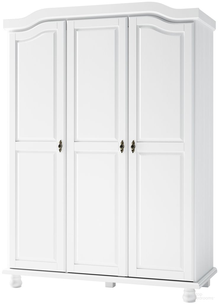 The appearance of Kyle 3-Door Wardrobe with Raised Panel Doors In White designed by Palace Imports in the traditional interior design. This white piece of furniture was selected by 1StopBedrooms from Kyle Collection to add a touch of cosiness and style into your home. Sku: 8101D. Material: Solid Pine Wood.