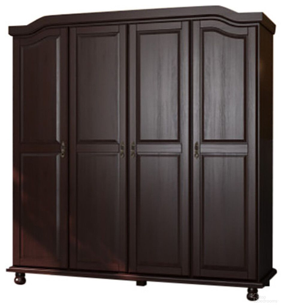 The appearance of Kyle 4-Door Wardrobe with Raised Panel Doors In Java designed by Palace Imports in the traditional interior design. This java piece of furniture  was selected by 1StopBedrooms from Kyle Collection to add a touch of cosiness and style into your home. Sku: 8206D. Material: Solid Pine Wood.