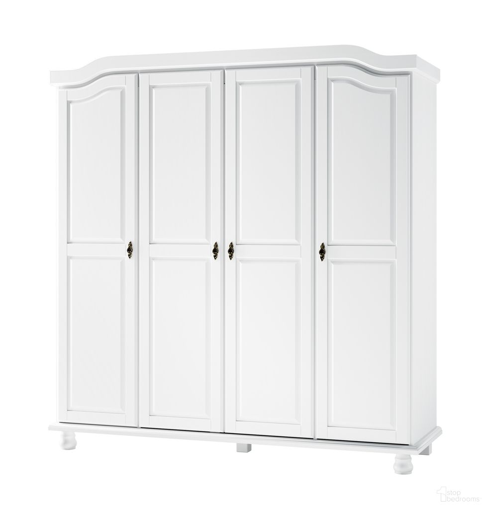 The appearance of Kyle 4-Door Wardrobe with Raised Panel Doors In White designed by Palace Imports in the traditional interior design. This white piece of furniture was selected by 1StopBedrooms from Kyle Collection to add a touch of cosiness and style into your home. Sku: 8201D. Material: Solid Pine Wood.