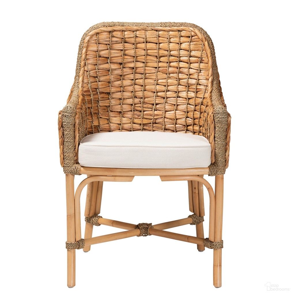 Kyle Woven Rattan Dining Arm Chair with Cushion In Natural Brown and White