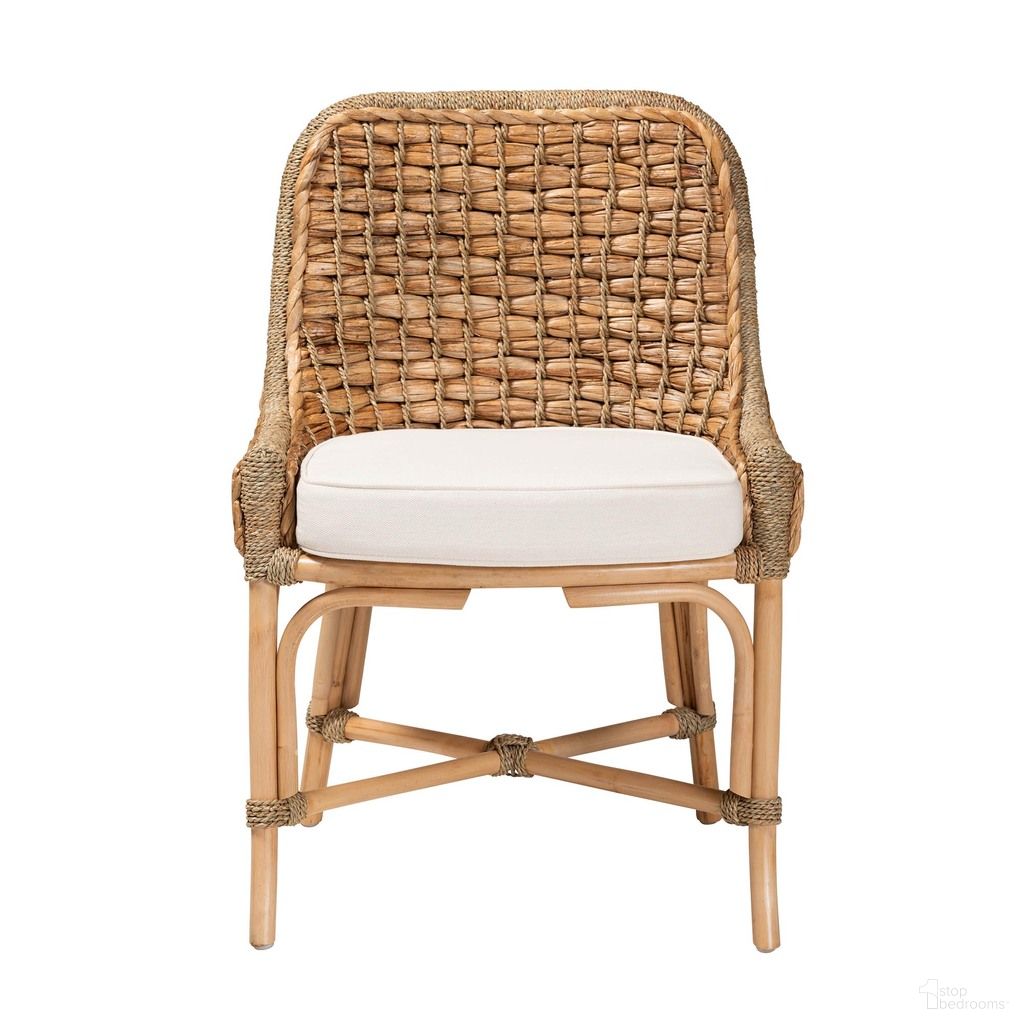 Kyle Woven Rattan Dining Side Chair With Cushion In Natural Brown and White