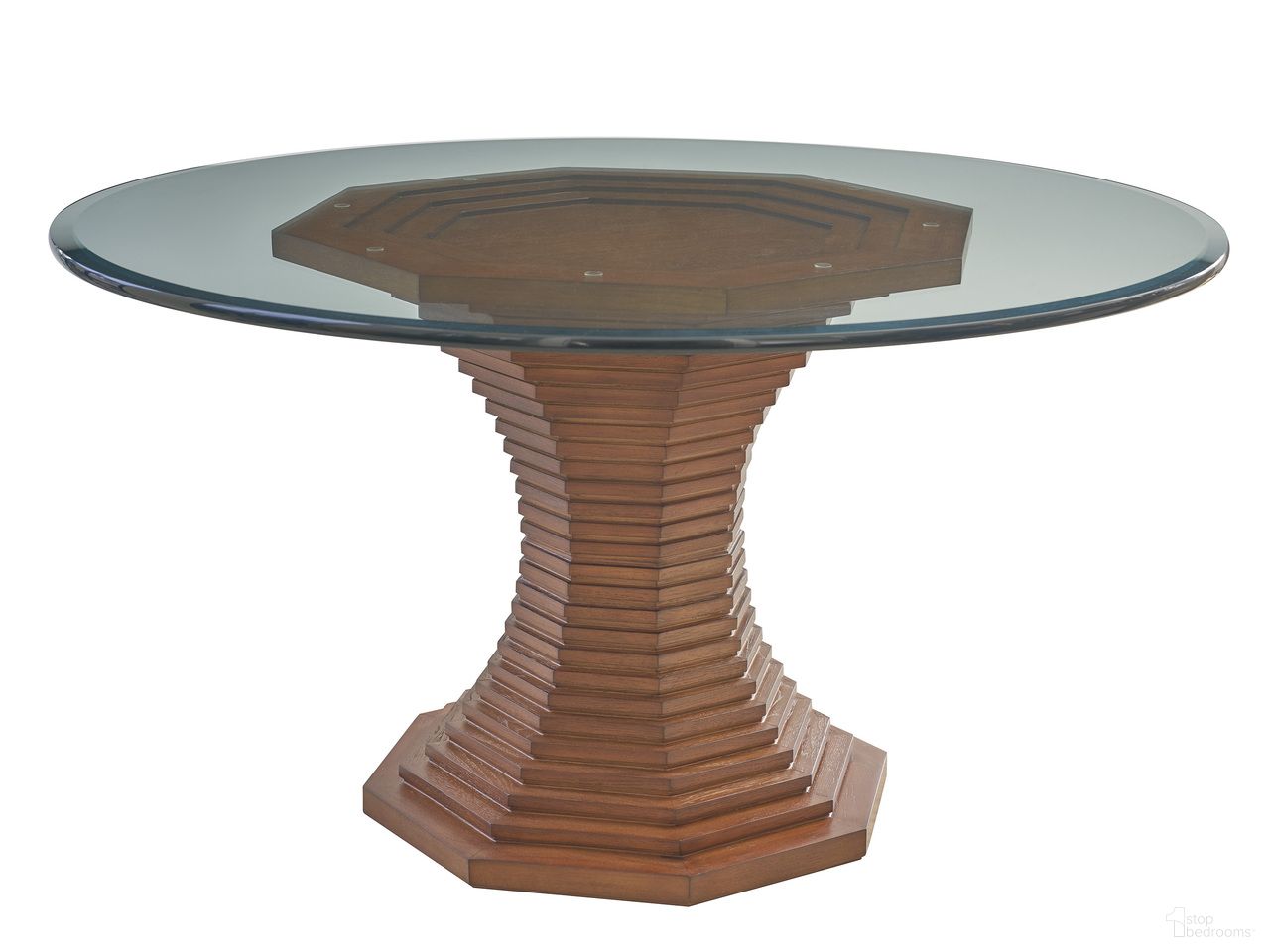 The appearance of La Costa Cabrillo 54 Inch Glass Top Dining Table In Brown designed by Lexington in the modern / contemporary interior design. This brown piece of furniture  was selected by 1StopBedrooms from La Costa Collection to add a touch of cosiness and style into your home. Sku: 420-874-54C. Table Base Style: Pedestal. Table Top Shape: Round. Size: 54". Material: Hickory.