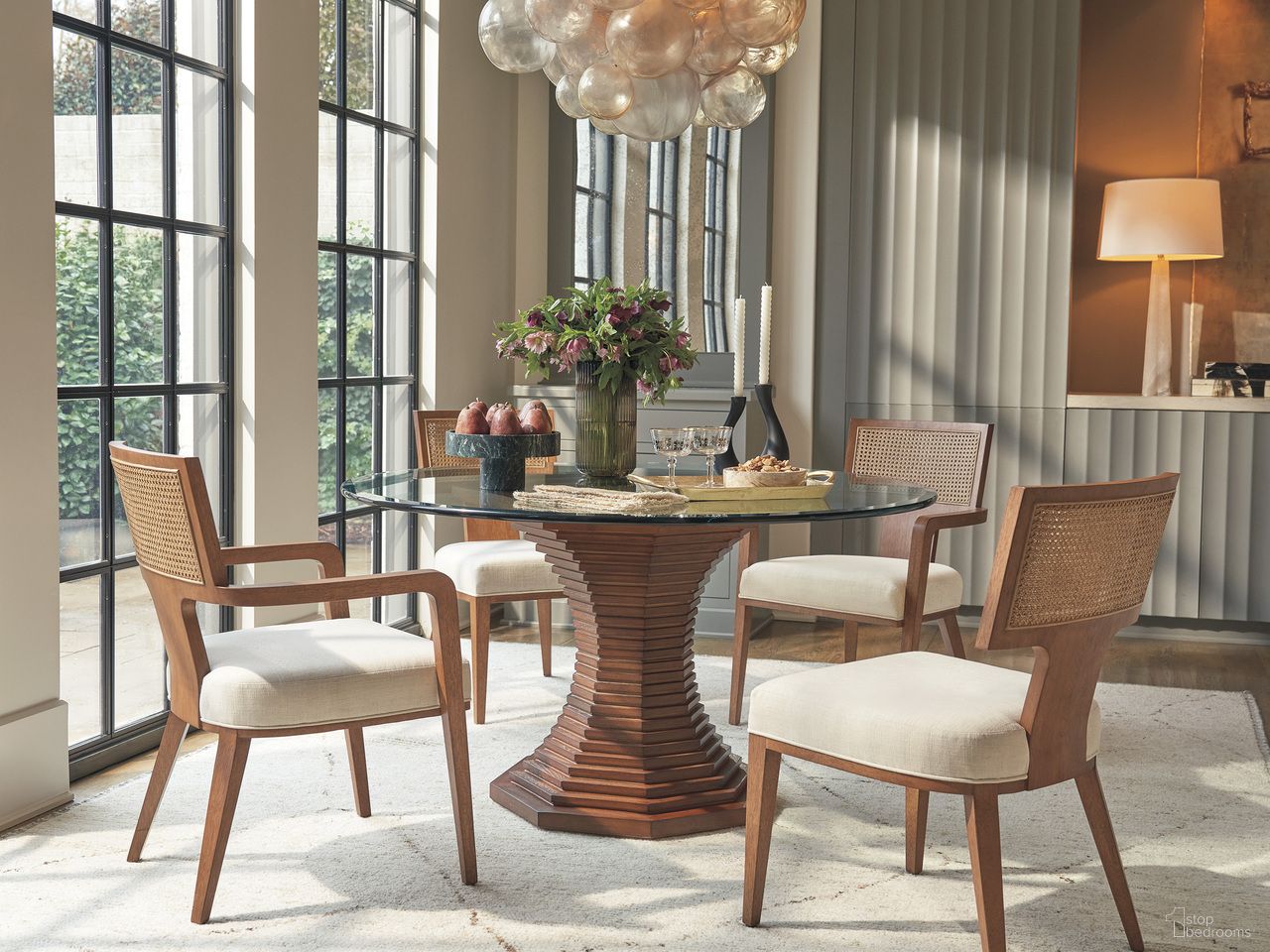 The appearance of La Costa Cabrillo 60 Inch Glass Top Dining Room Set In Brown designed by Lexington in the modern / contemporary interior design. This brown piece of furniture was selected by 1StopBedrooms from La Costa Collection to add a touch of cosiness and style into your home. Sku: 420-874-60C;420-880-01. Table Top Shape: Round. Material: Glass. Size: 60".
