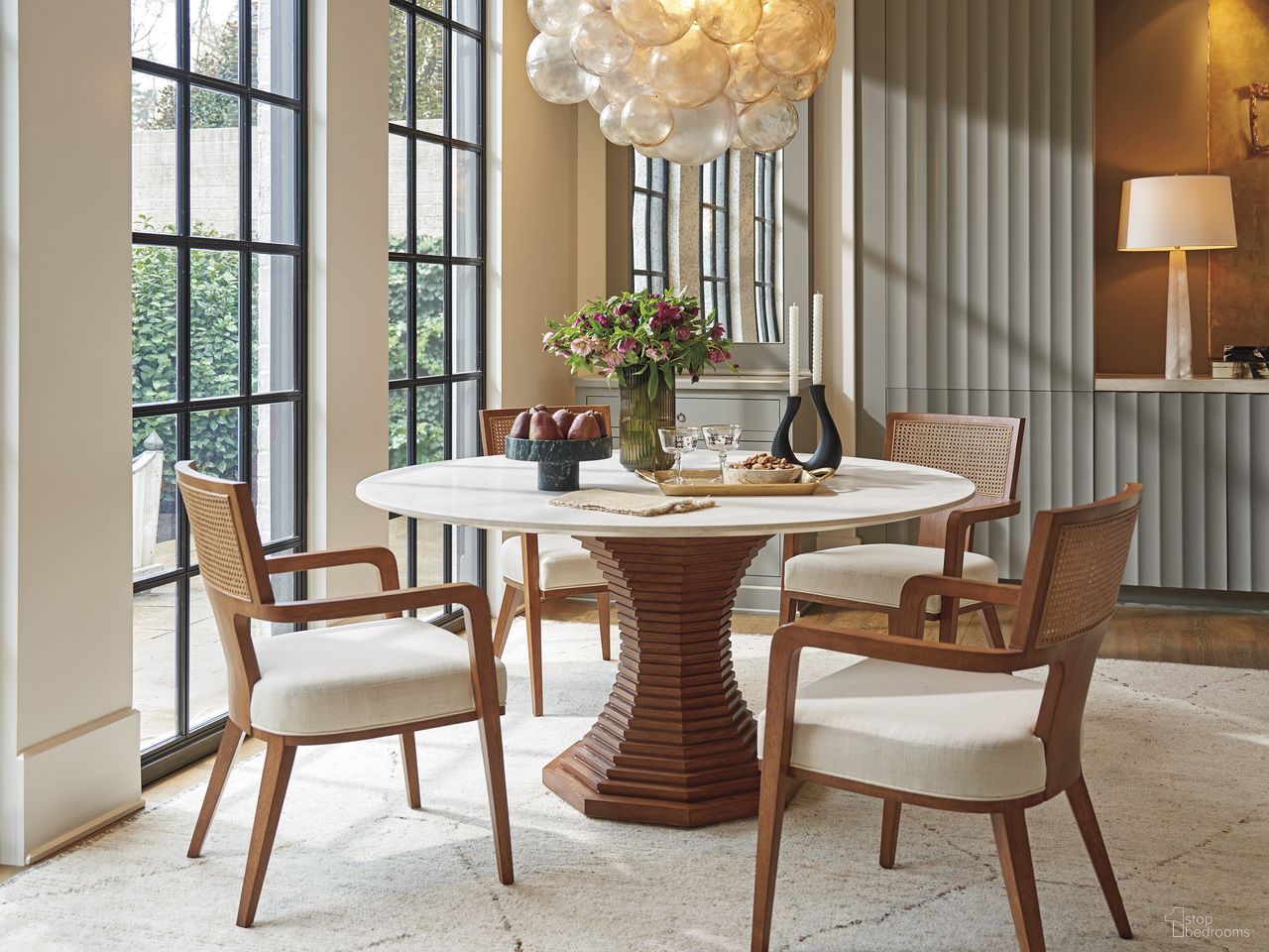 The appearance of La Costa Cabrillo Dining Room Set In Cream designed by Lexington in the modern / contemporary interior design. This cream piece of furniture was selected by 1StopBedrooms from La Costa Collection to add a touch of cosiness and style into your home. Sku: 420-875C;420-880-01. Table Top Shape: Round. Size: 60". Material: Hickory.