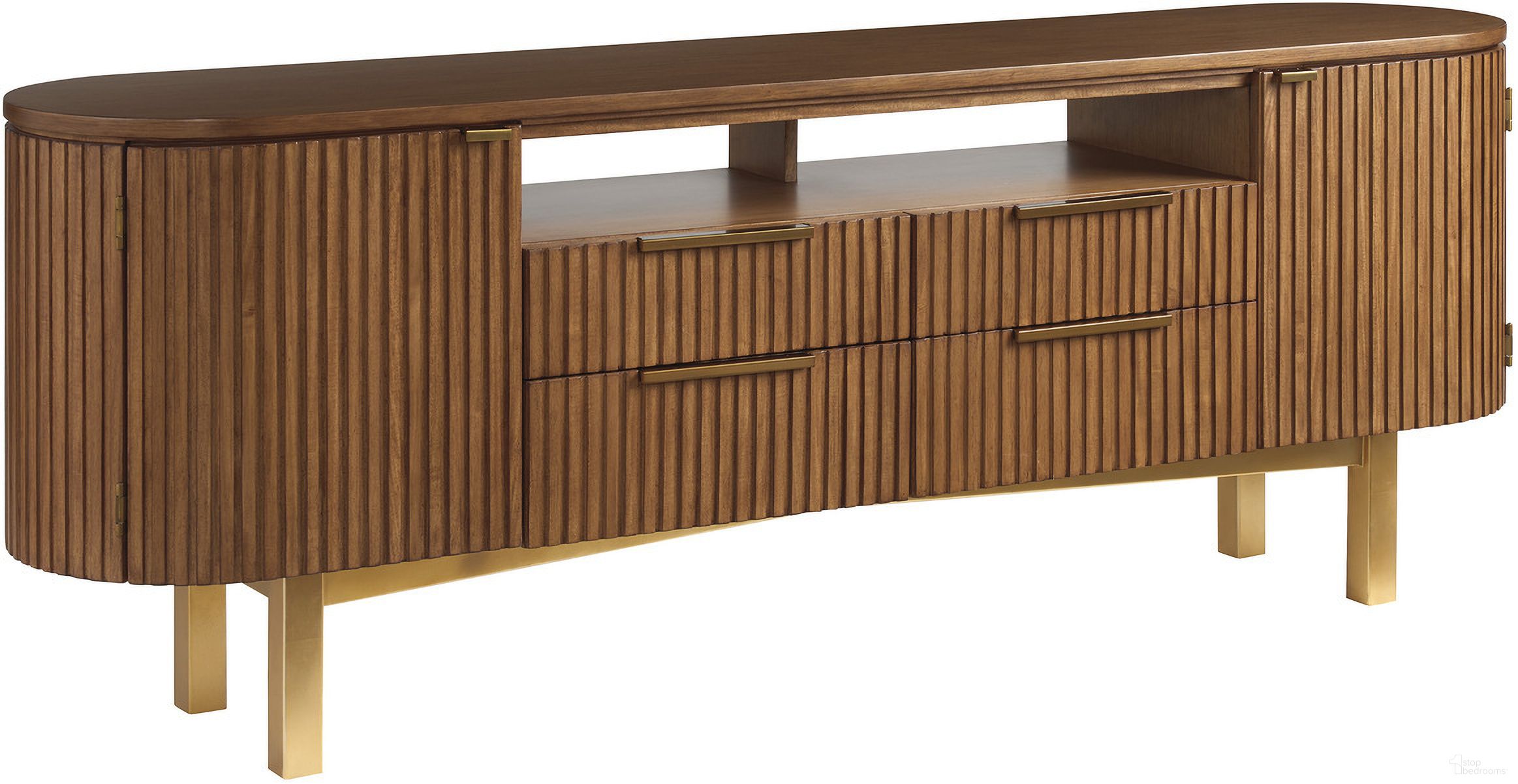 The appearance of La Costa Crescent Bay Media Console In Brown designed by Lexington in the modern / contemporary interior design. This brown piece of furniture was selected by 1StopBedrooms from La Costa Collection to add a touch of cosiness and style into your home. Sku: 420-907. Material: Wood.