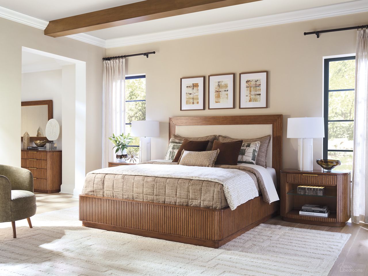 The appearance of La Costa Pendry Upholstered Panel Bedroom Set In Brown designed by Lexington in the modern / contemporary interior design. This brown piece of furniture was selected by 1StopBedrooms from La Costa Collection to add a touch of cosiness and style into your home. Sku: 420-133C;420-622. Bed Size: California King. Material: Hickory.